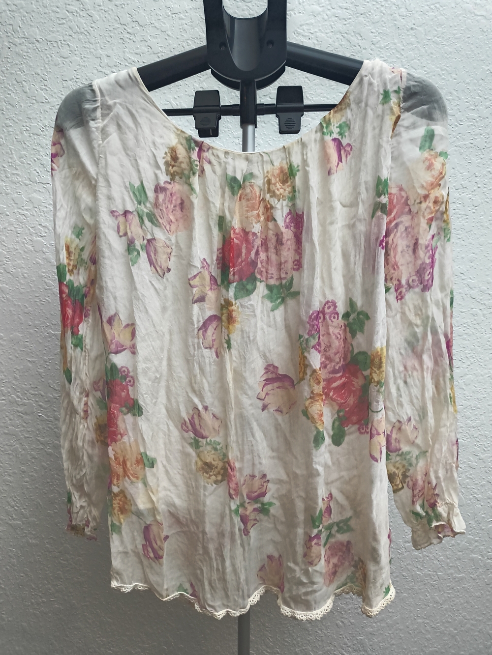 Cream Floral Scoop-Neck Blouse with Pink & Green Accents